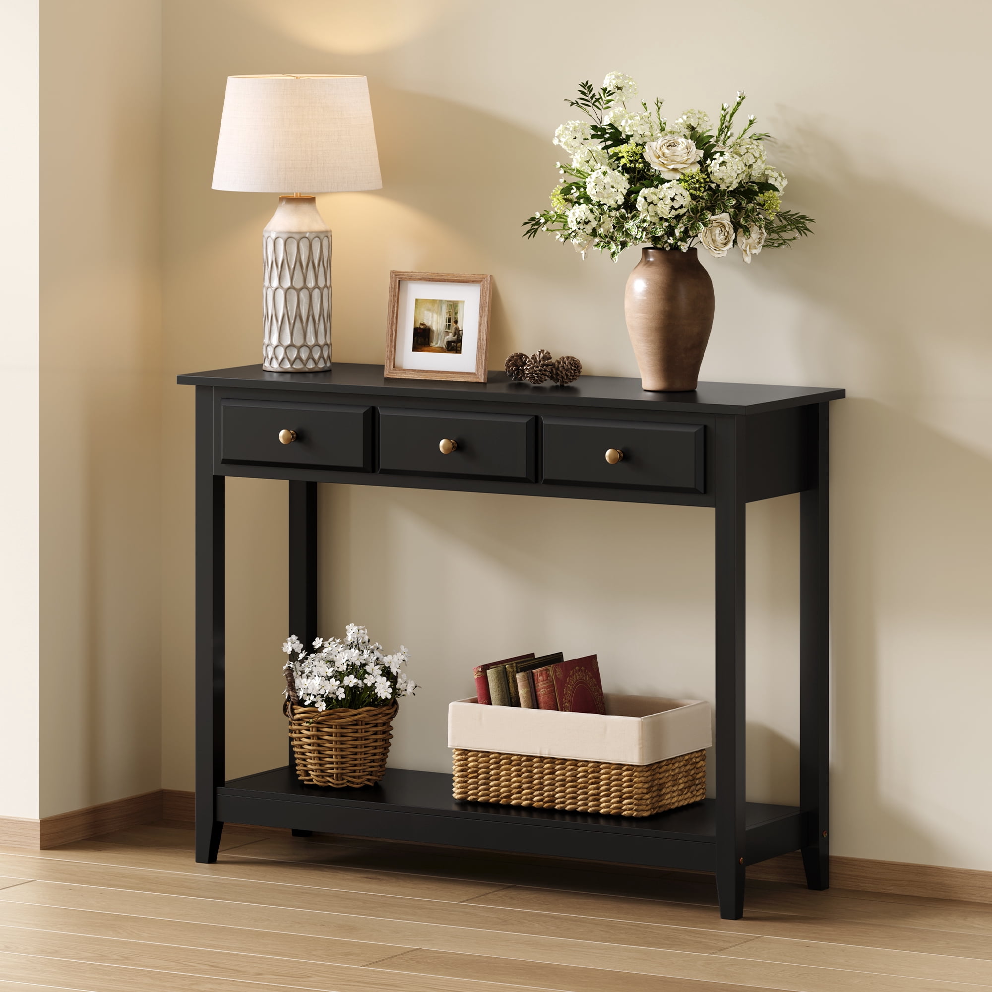 Alden Design 3-Drawer Wooden Console Table with Storage Shelf for Entryway, Black