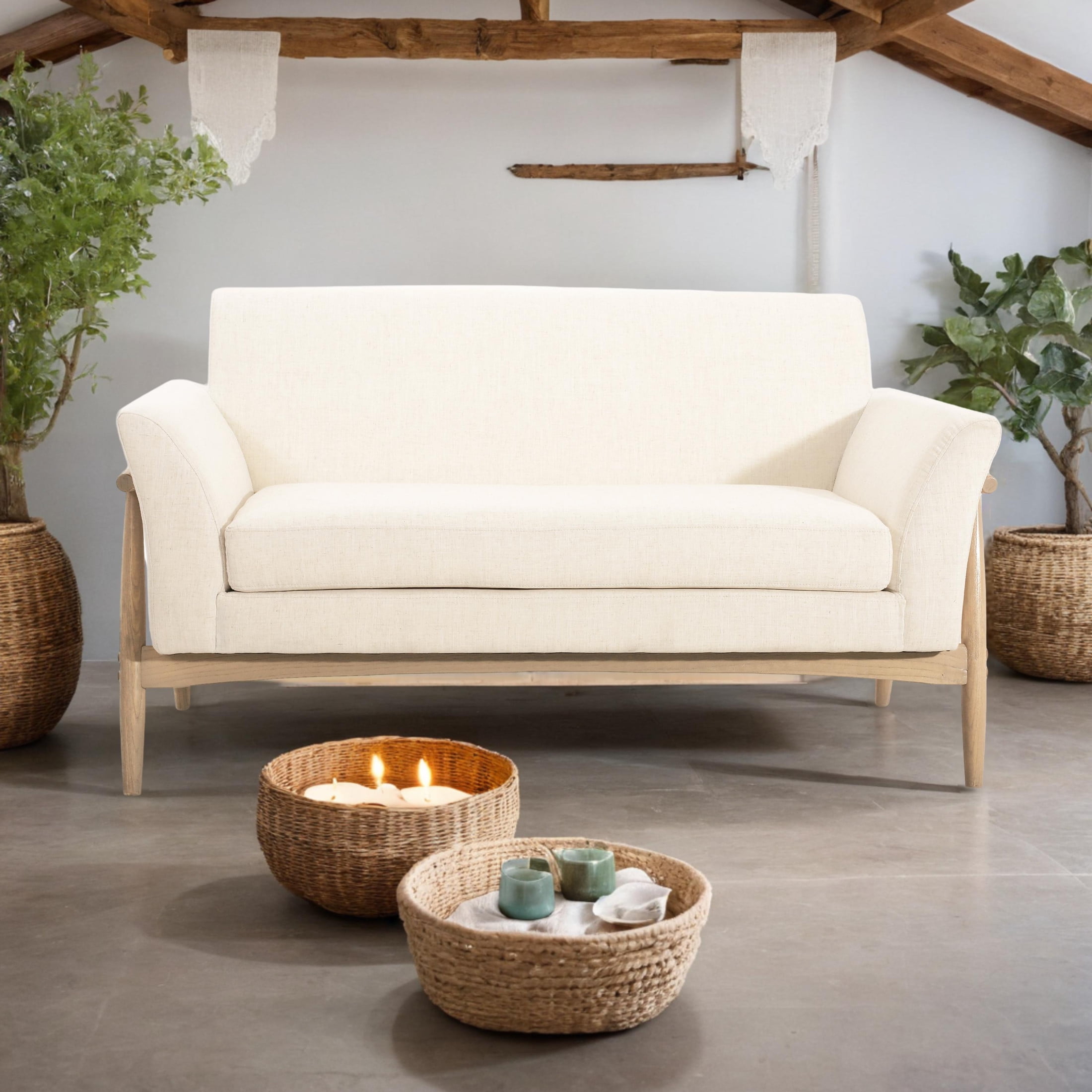 Noble House Modern Beige Fabric Loveseat with Cushioned Seats