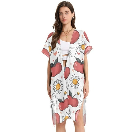 Beach Vacation Clothes Kimono Cardigan Loose Swimsuit Cover Up for Women Cherry Apple Bow Daisy M