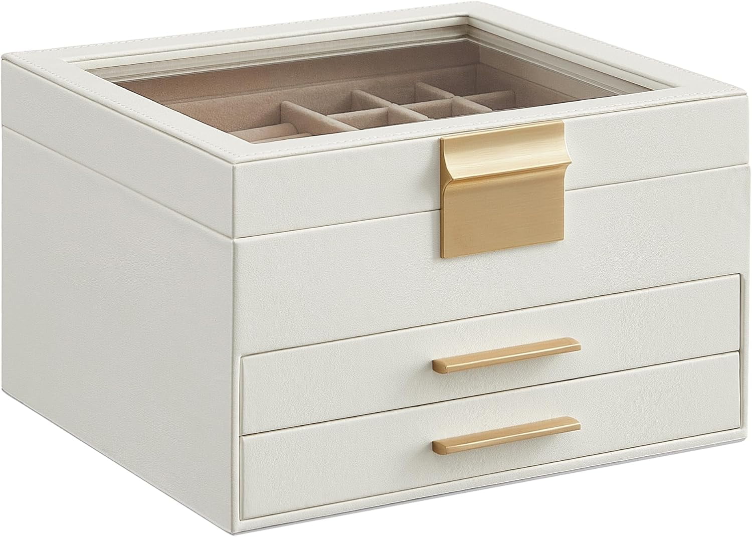 4 Layer Jewelry Organizer With Glass Lid - Large Jewelry Box With 3 Drawers In Cream White