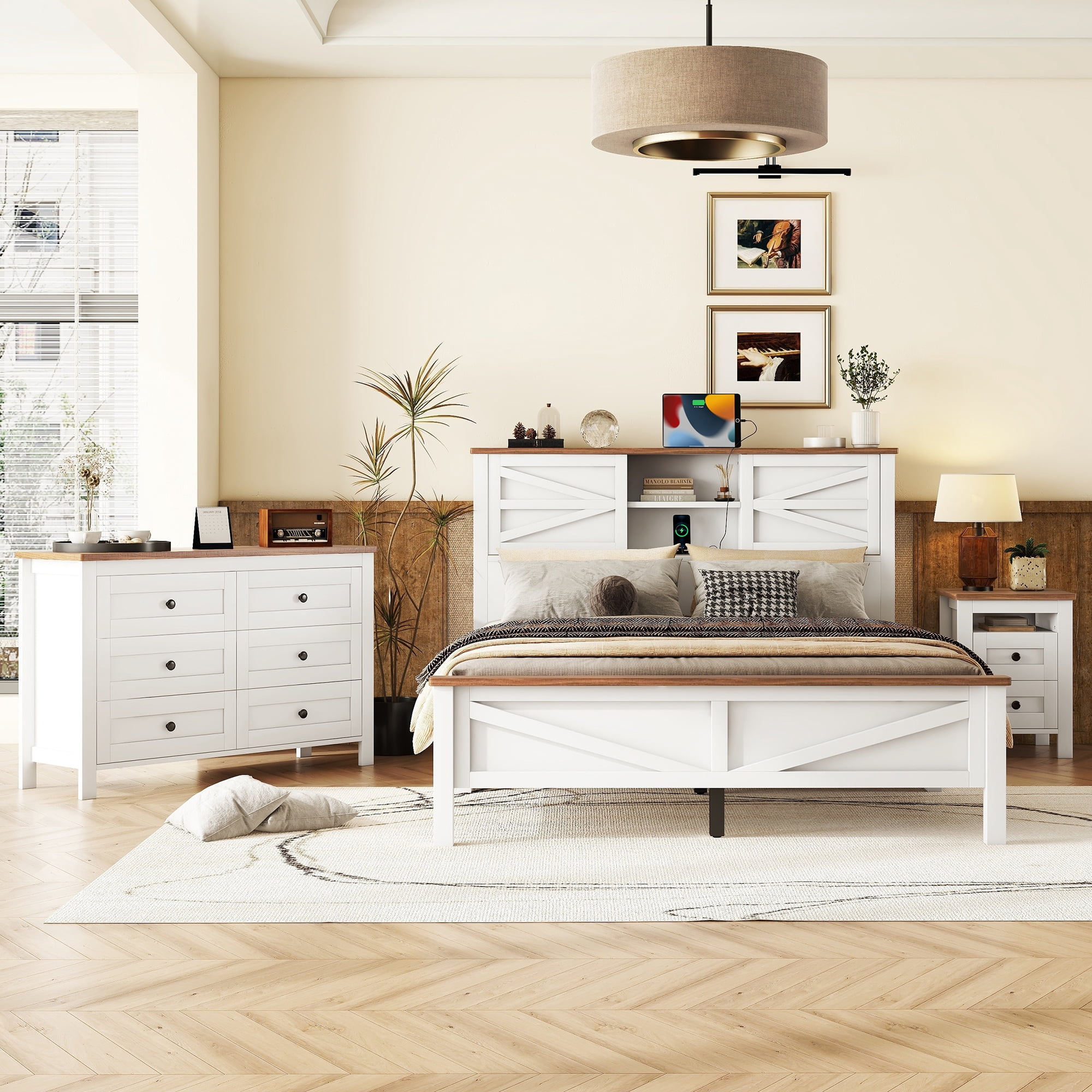 Mintazer Farmhouse 3-Piece Bedroom Set with Nightstand & 6-Drawer Dresser, Queen Platform Bed with Storage Headboard, White