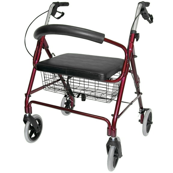 DMI Rollator Walker with Extra Wide Seat and Backrest, FSA HSA Eligible, Adjustable Handle Height, Removable Storage Basket, Burgundy