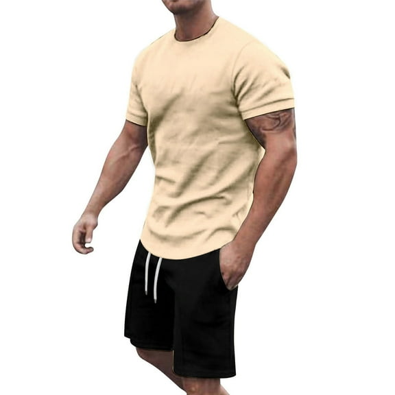 Fgnfyis Men's Short Sleeve T Shirt and Shorts Two Piece Set with Shirt and Quarter Pants Set Men Summer Outfits Beige XXL