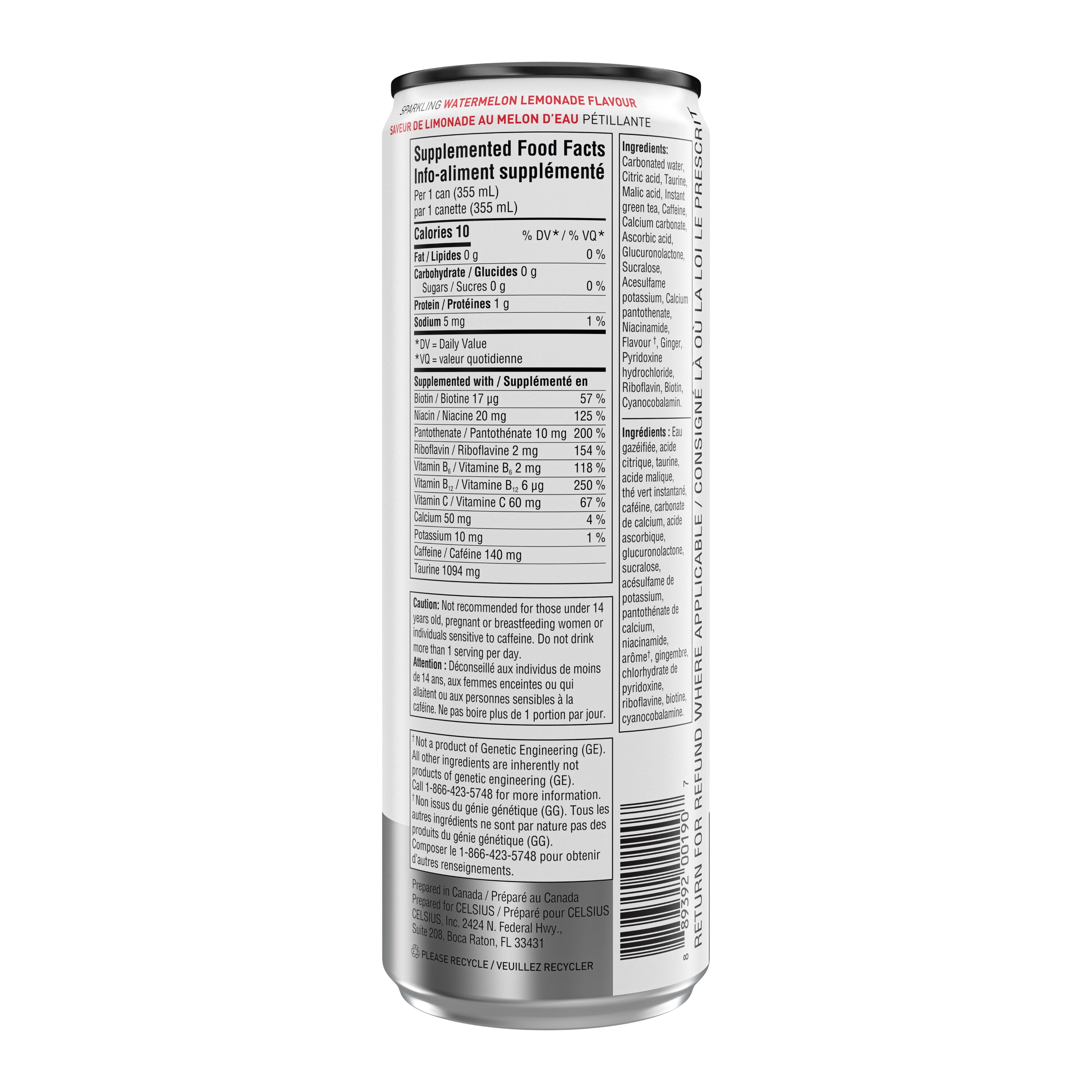 Celsius Water Lemonade Energy Drink 355 mL, Can, Taste summertime every time with the perfect fusion of juicy watermelon and freshly squeezed lemonade in CELSIUS Sparkling Watermelon Lemonade. Zero sugar per 355ml can.​