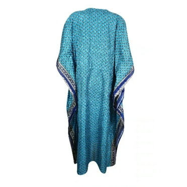 Bohemian Kaftan Dresses, Sea Blue Printed Dresses, Beach Resort Wear L-2XL