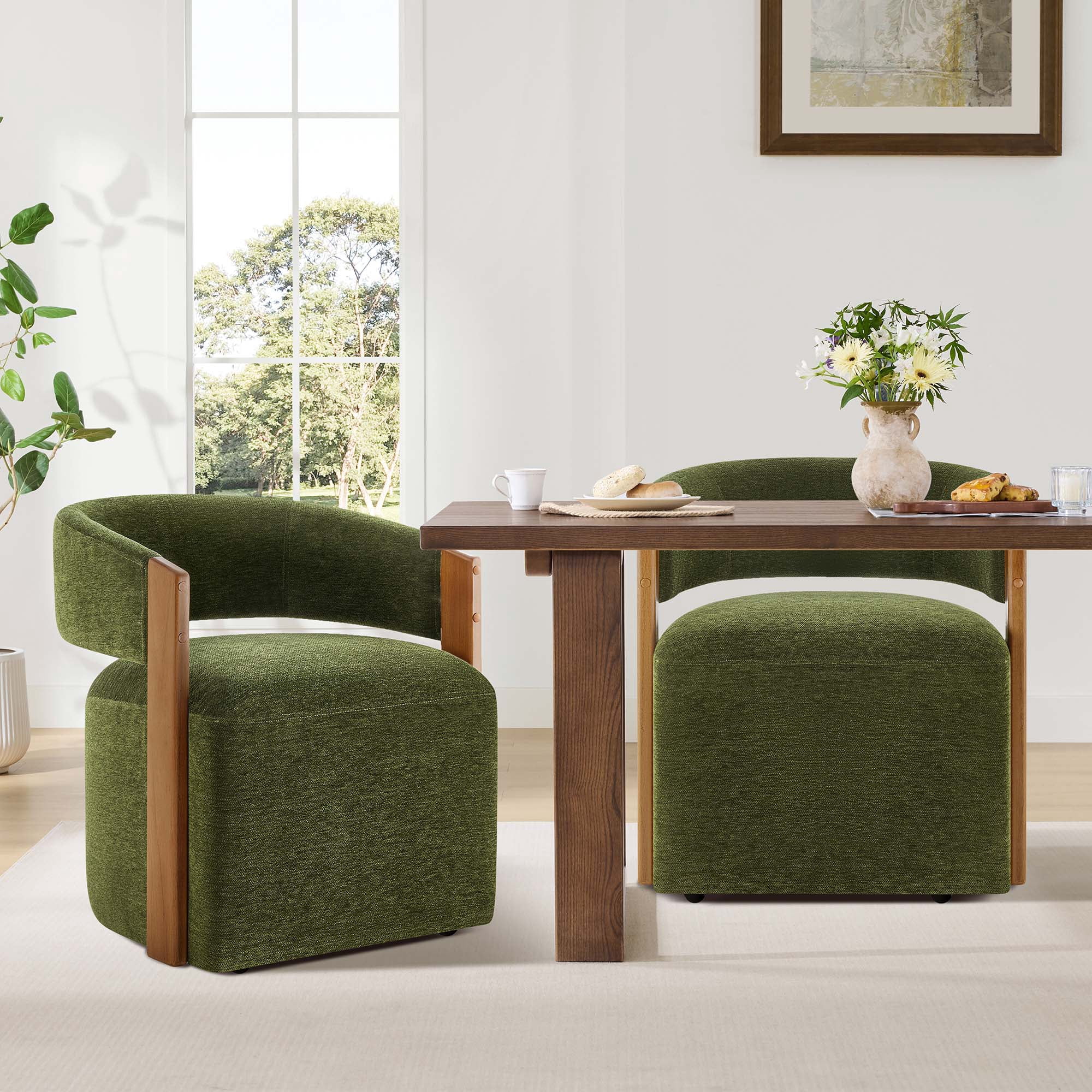 Spruce & Spring Upholstered Dining Chair with Wooden Armrests and Rolling Casters Single, Green
