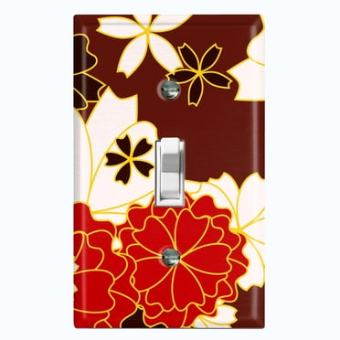 Metal Light Switch Plate Cover Japanese Flower Pattern Maroon Wallpaper FLW045