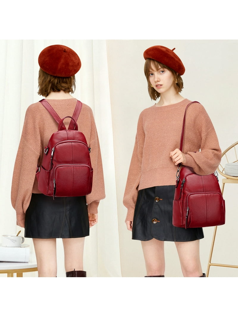 Altosy Anti-Theft Backpack Soft Leather Backpack for Women Fashion Shoulder Bag Purse S81 Wine Red