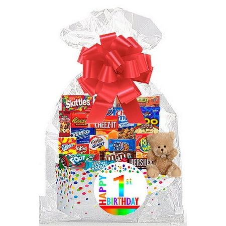 CakeSupplyShop Item#001BSG Happy 1st Birthday Rainbow Thinking Of You Cookies Candy & More Care Package Snack Gift Box Bundle Set – Ships FAST!