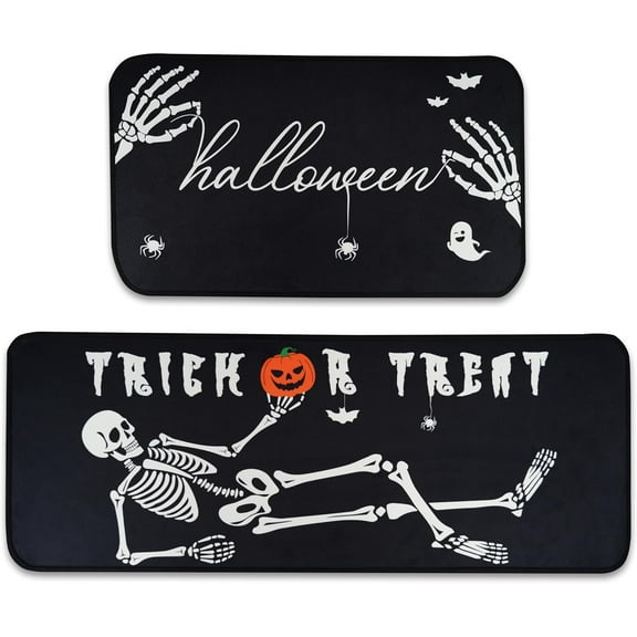 Spooky Skeleton Spider Bone Black Halloween Kitchen Rugs Set of 2 Non Skid Kitchen Floor Rug and Mat Kitchen Rug Area Mat Carpets for Seasonal Floor Decor 17"x47" 17"x30"