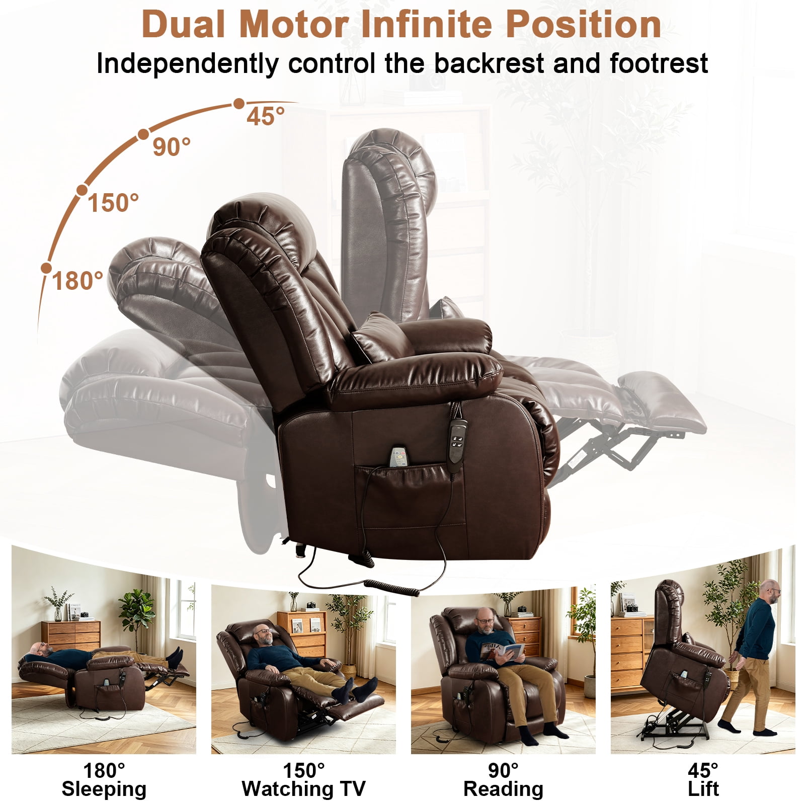 TEKAMON Power Lift Chair Recliner for Elderly with Heat and Massage, Lay Flat Sleeping Recliner Dual Motor Infinite Position Leather Lift Chair for Living Room (Brown)