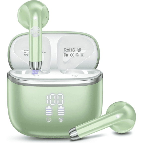 Wireless Bluetooth Earbuds Noise Cancelling in Ear Buds Deep Bass Stereo, 50H Playtime with Mics, LED Display, IPX7 Waterproof Earphones for iphone Android Laptop, Green