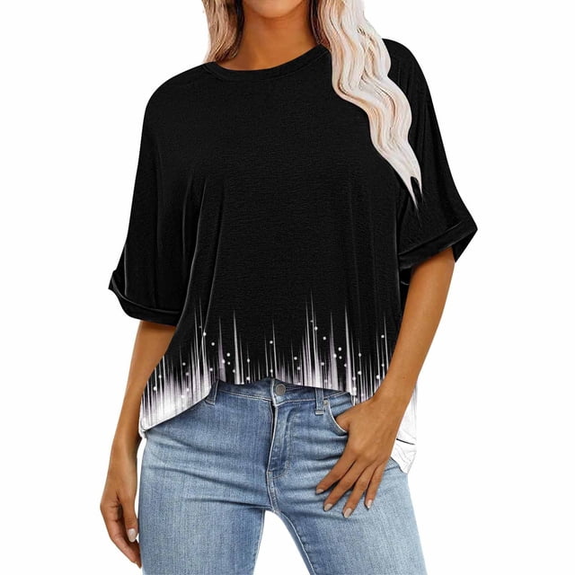 Chemise à Manches Courtes pour Femmes, Blouse Courte à Col Rond, Haut Décontracté en Polyester Spandex Imprimé 1 Pce