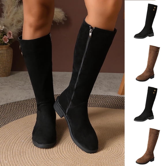 Women’s Suede Knee‑High Boots, Side Zipper Low Block Heel Tall Riding Boots, Decorative Metal Buttons Wide Calf Long Boots for Fall Winter