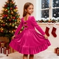 thumbnail image 3 of Girls Long Sleeve Velvet Dress Crew Neck Bow Back Princess Dress Ruffle Hem Formal A-Line Dresses Vintage Christmas Party Dress, 3 of 6