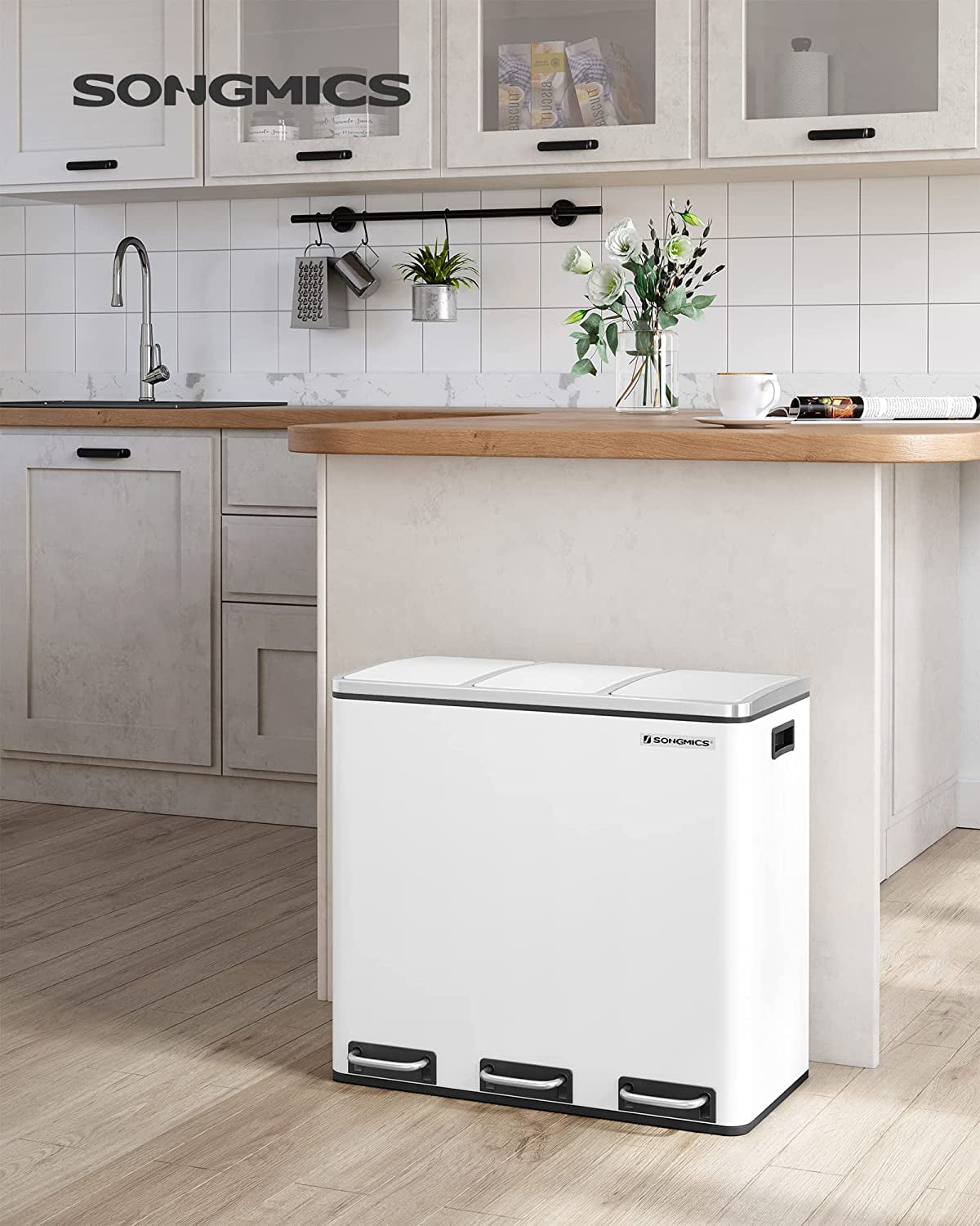 14.4 Gallon Trash Can Kitchen Garbage Can Recycle Bin with Soft-Close Lids Pedals and Inner Buckets for Kitchen Stainless Steel White