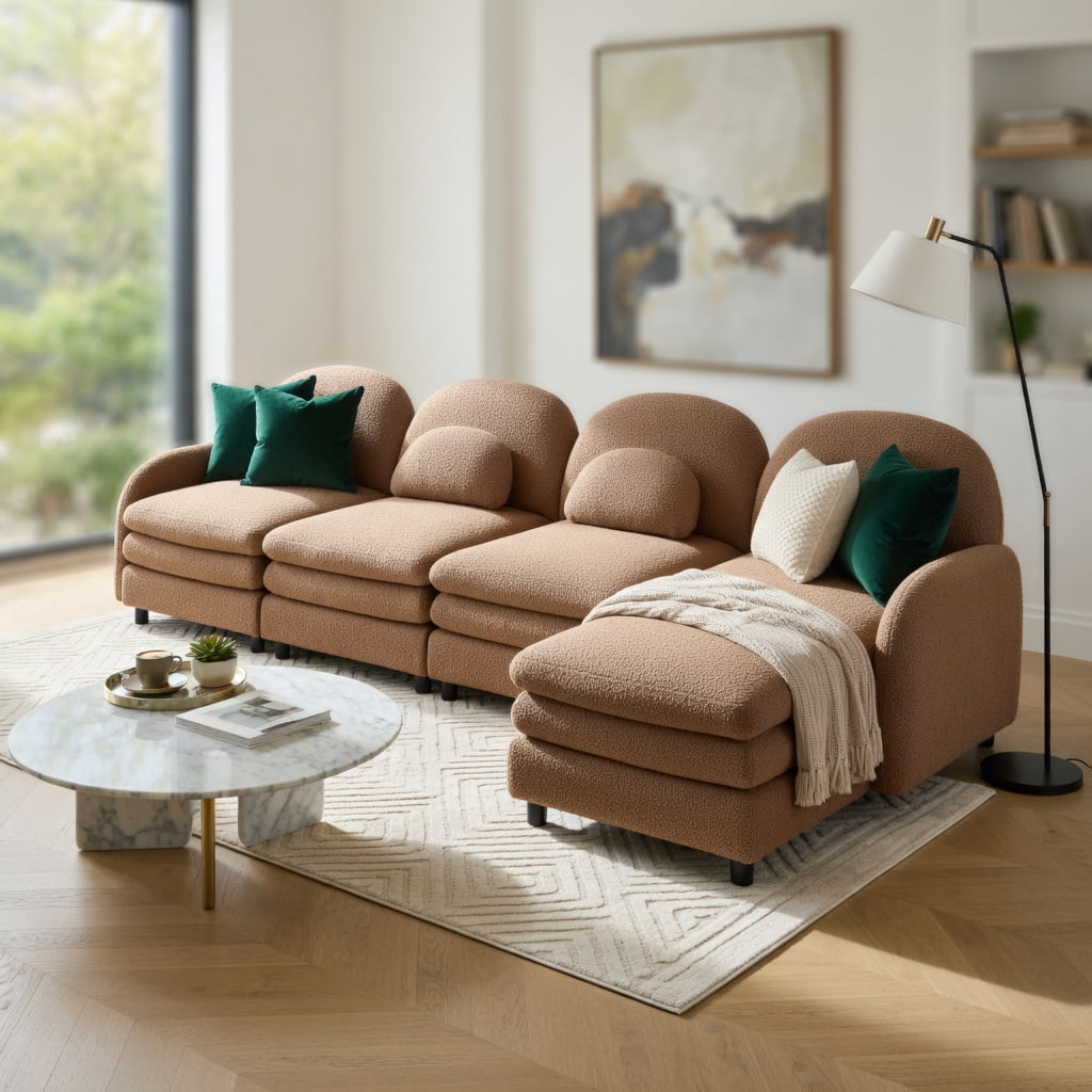 Hommoo Teddy Fleece 4-Seat Modular Sectional Sofa, Cloud-Like Double-Layer Cushion, Curved Backrest & Armrest, Movable Ottoman, Lumbar Support Pillows, Camel