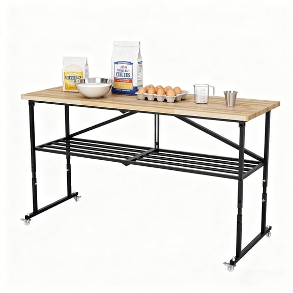 70" Adjustable Height Table with Locking Casters & Sliding Track, Foldable 2000 LBS Load Capacity Hardwood Workstation Workbench, for Garage & Workshop