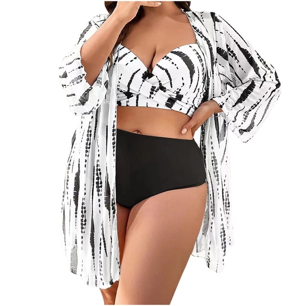 Conjunto de Trajes de Baño Impresos de Mujeres, Moda Bikini Dividido de Tres Piezas con Protección Solar para la Playa Y la Piscina, Trajes de Baño Casuales Sexy