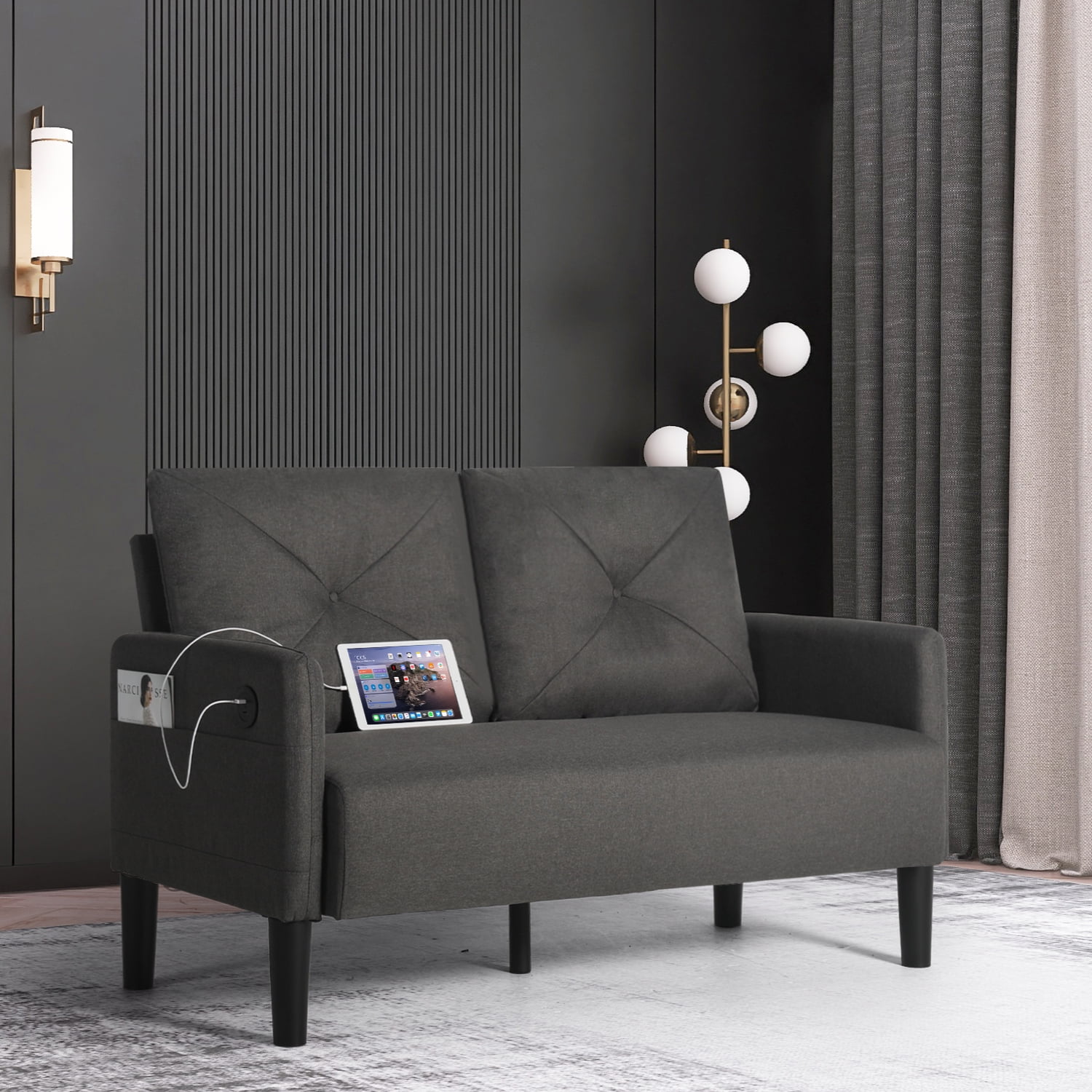 57" Modern Fabric Loveseat Sofa with 2 USB Charging Ports Love Seats Suitable for Small Spaces