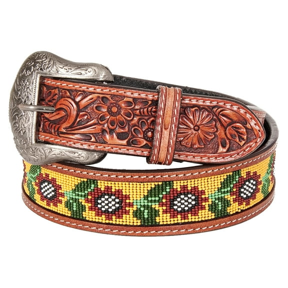 Bar H Equine Hand Carved Western Leather Belt Men Women Beaded Medium