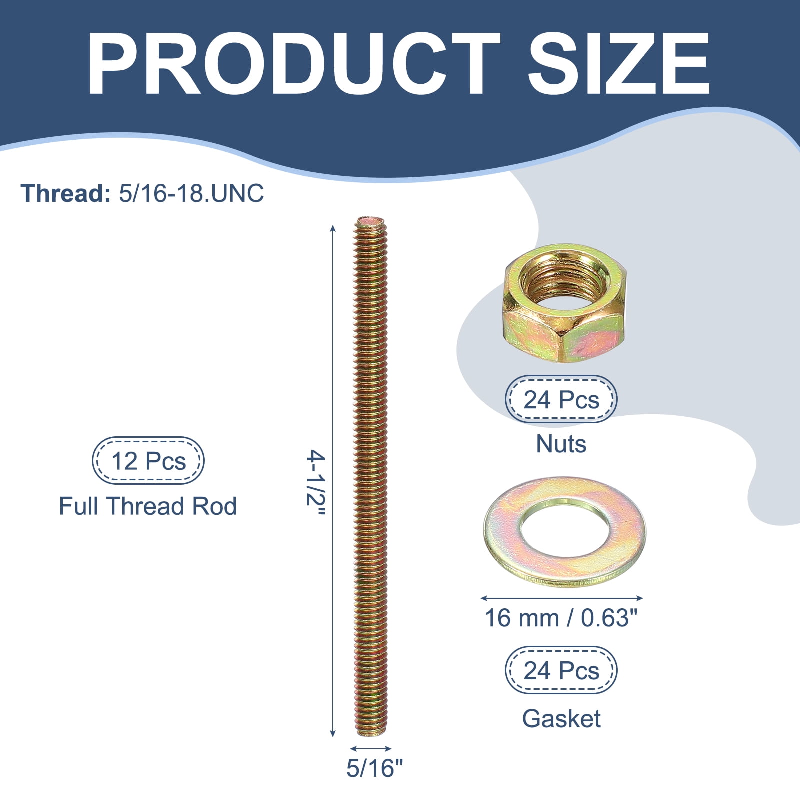 5/16" x 4-1/2" Color Zinc Fully All Thread Rod, 12 Pcs Carbon Steel Long Threaded Screw for Furniture Garden