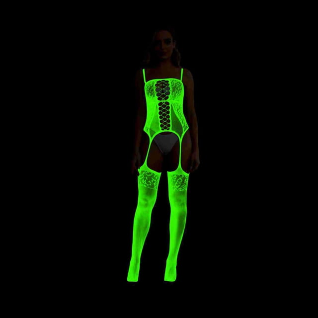 Lingerie Aguichant Lumineuse Rose Tentation Bas Résille Brillants Brillants Grande Taille Haut Avancé Ouvert Entrejambe Libre une-Pièce Uniforme Fluorescent