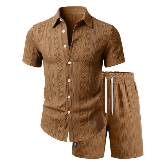 Eryao 2 Piece Set for Men Casual Short Sleeve Button Down Shirts and Shorts Elastic Waist with Pockets Summer Breathable Loungewear,Brown,L