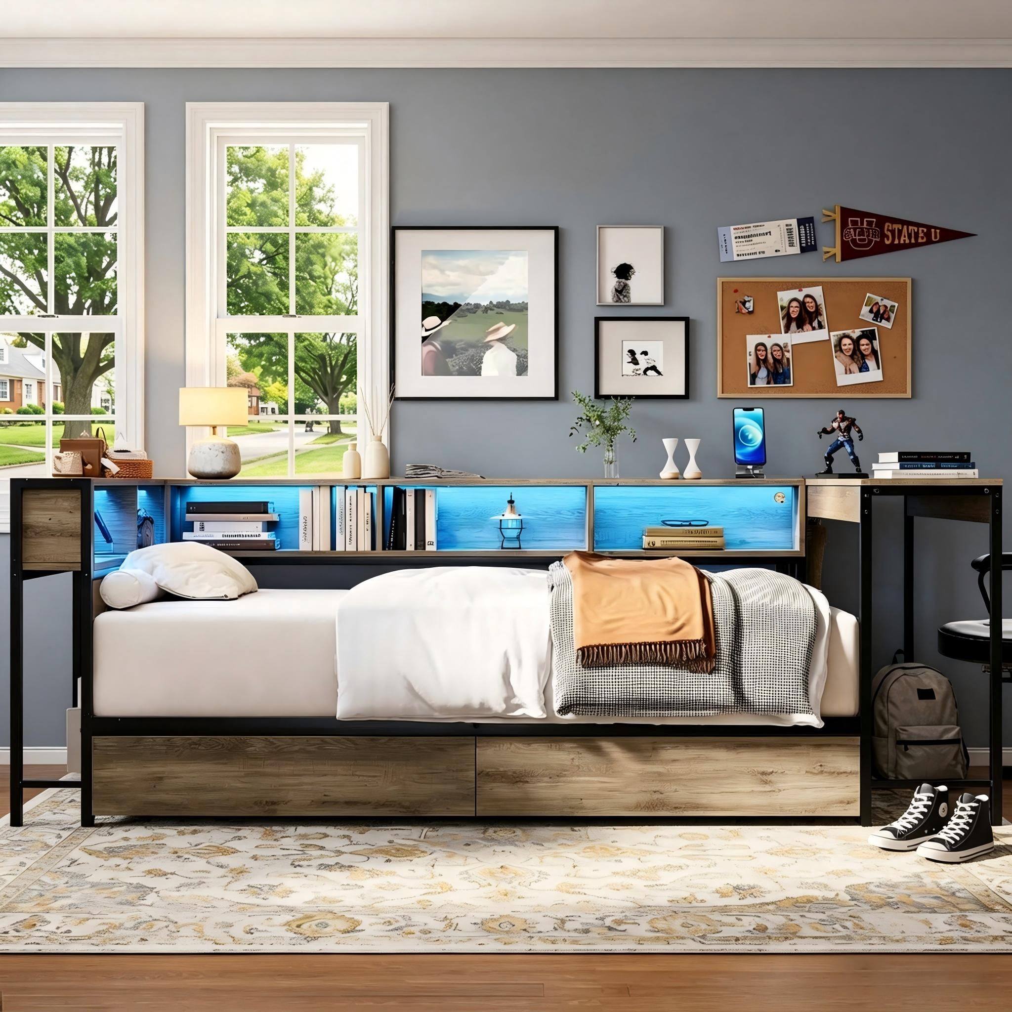 Aukfa Twin Corner Bed Frame with Desk, 2 Storage Drawers, Bookcase, Charging Station and LED Lights, Gray