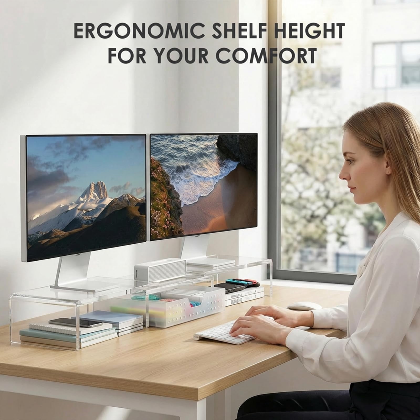 Clear Desk Organizers And Accessories  Dual Monitor Stand Riser With Drawer Shelf Computer Racks For Office Workspace Desktop Organization (transparent)