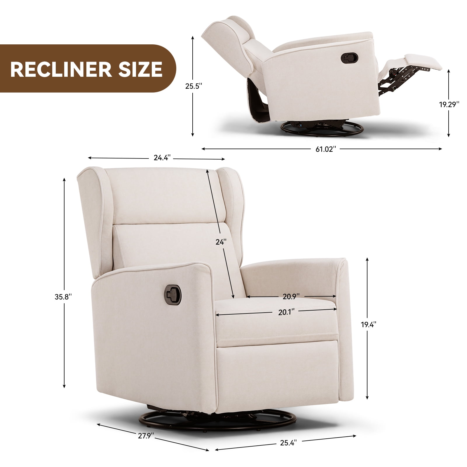 COMHOMA Swivel Rocker Recliner Chair, Fabric Lether Single Sofa Seat for Living Room, Beige