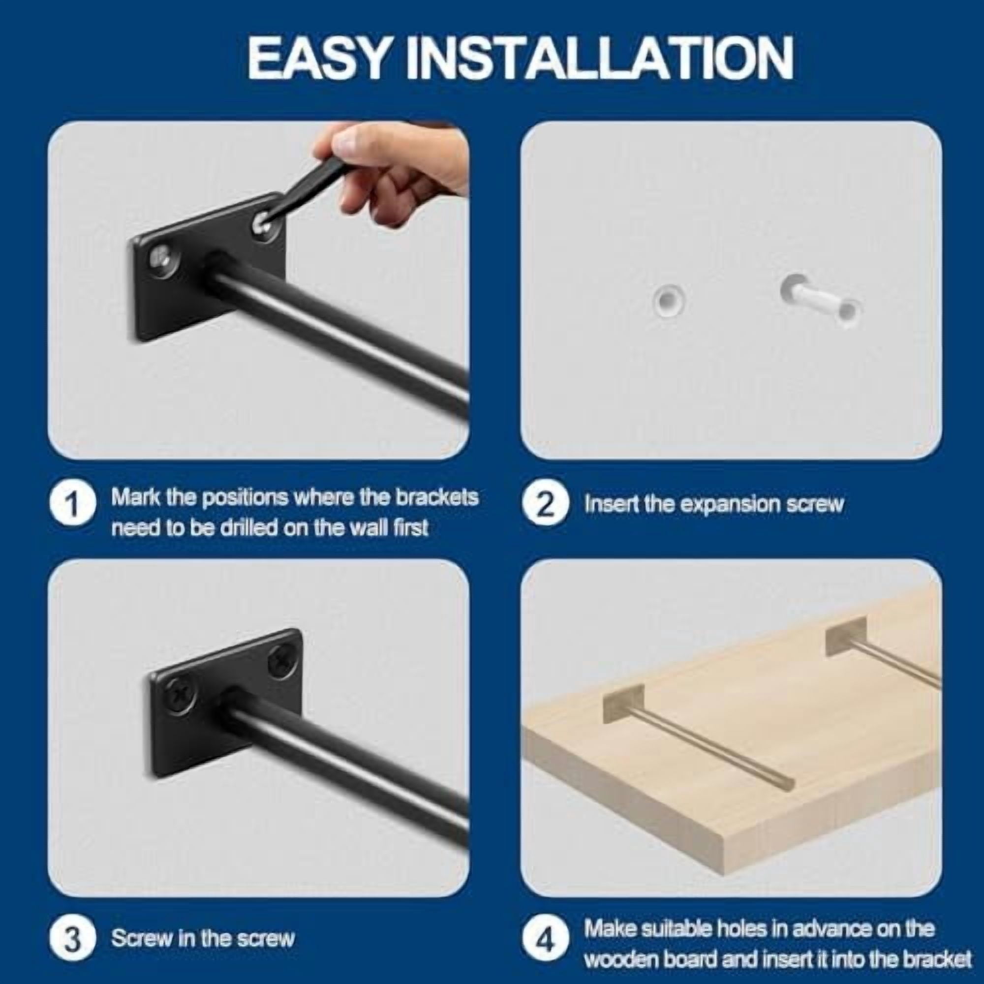 8 Pcs 8" Black Solid Steel Floating Shelf Bracket Blind Shelf Supports - Hidden Brackets for Floating Wood Shelves - Concealed Blind Shelf Support – Screws and Wall Plugs Included