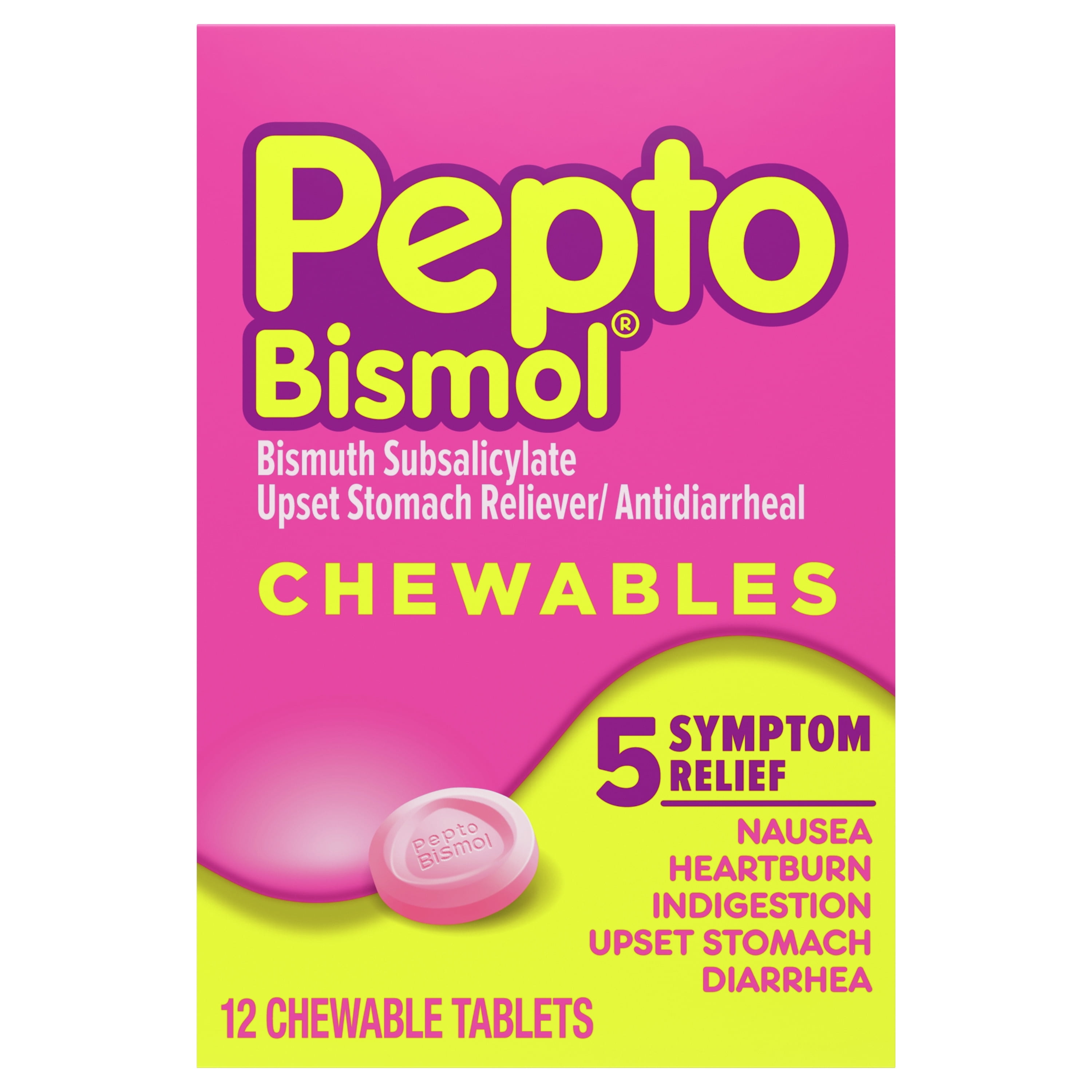 Pepto Bismol Chewable Tablets for Upset Stomach & Diarrhea Relief, Over-the-Counter Medicine, 12 Ct
