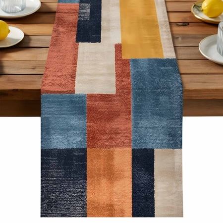 Abstract Stitching Table Runner Blue White Orange Fluid Wash Art Cotton Linen Table Cloth Tablerunner for Kitchen Dining Party Wedding Home Decor 13x90 Inch