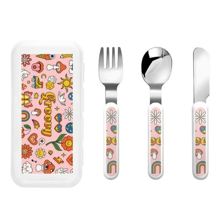 

Cauagu Retro 70s Hippie Print 3-Pieces Toddler Cutlery Set Kids Silverware Set with Spoons Forks & Knife Stainless Steel Utensils for Kids Dishwasher Safe