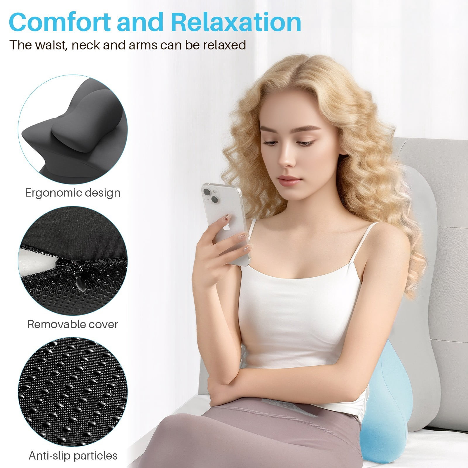 TOPCHANCES Lumbar Support Pillow, Memory Foam Back Support Cushion, Orthopaedic Bed Wedge Pillow with Removable Headrest, Ergonomic Backrests for Back, Neck, Lumbar & Legs (Blue/Gray)