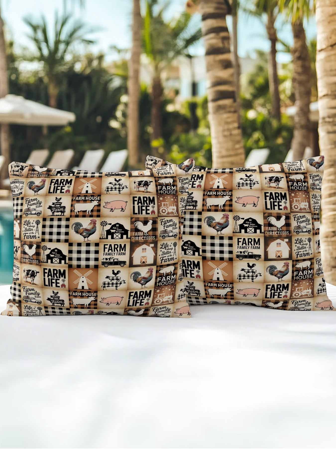 Outdoor Pillows Waterproof, Farmhouse Checkered Bedding Throw Pillows with Insert for Couch Sofa Bed, Rustic Retro Farm Life Assembling 18x18 Inch Pillowcases Decorative Patio Pillow Set of 2