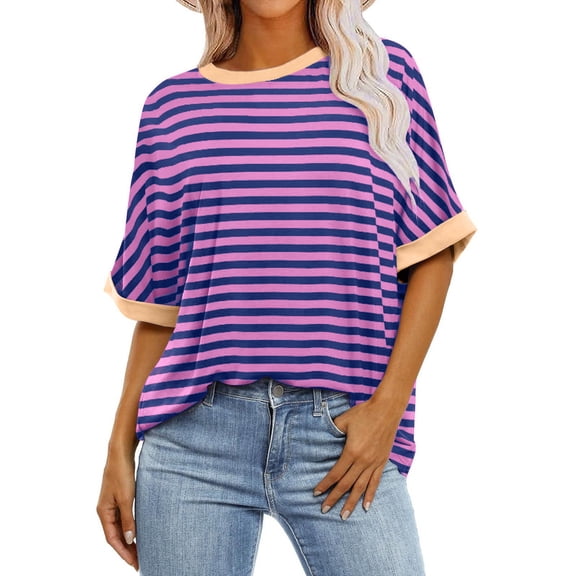 tarylea Women's Tops Stripe Short Sleeve Crew Neck Oversized T-Shirts Casual Summer Dressy Color Blocked Blouse Tops