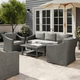 thumbnail image 6 of Martha Stewart 4-Piece Indoor-Outdoor Conversation Set with Patio Sofa, 2 Chairs, and Coffee Table in Gray Rattan Wicker with Gray All-Weather Cushions, 6 of 13
