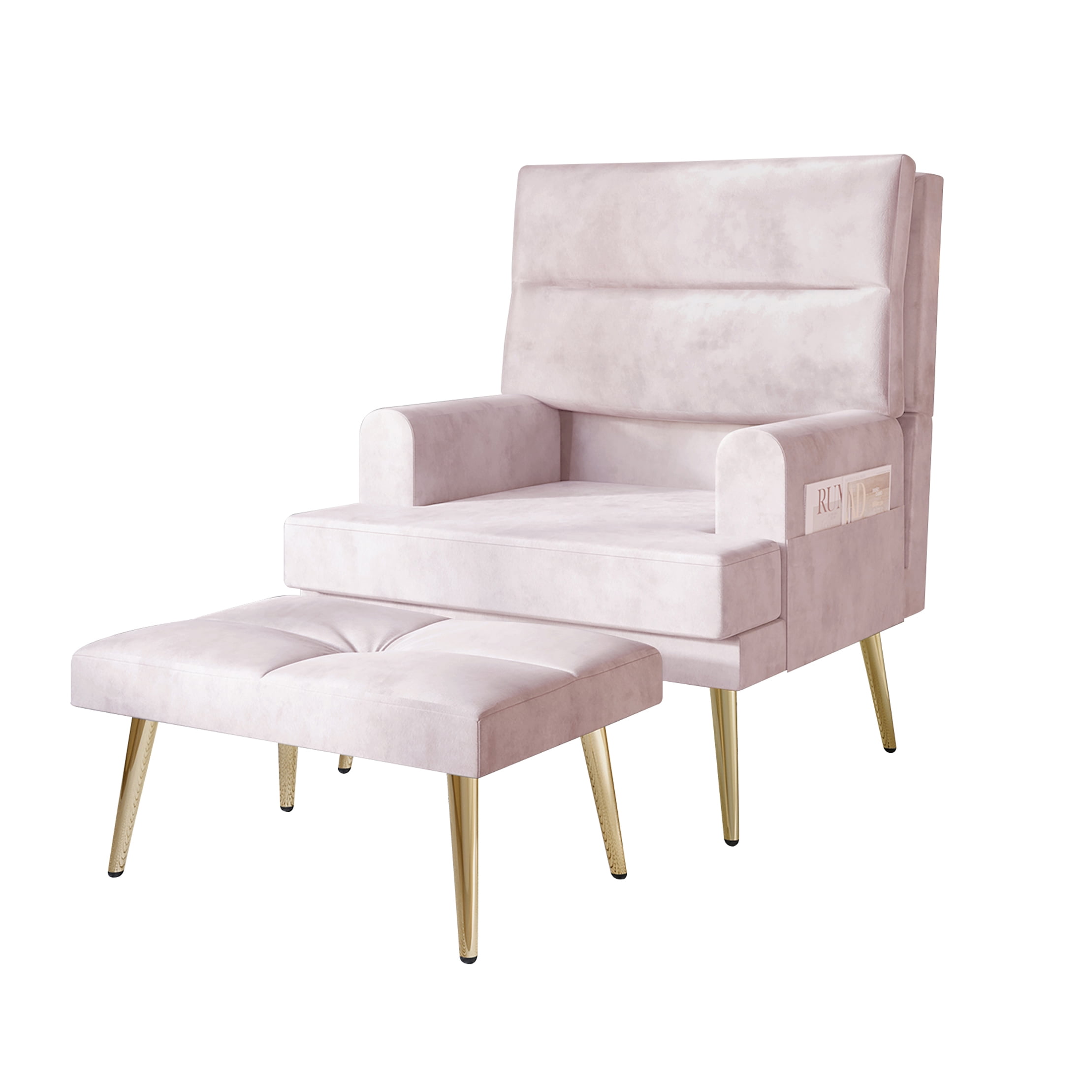 Castle Place Luxury Upholstered Velvet Accent Chair with Ottoman, Light Pink