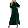 thumbnail image 2 of Pisexur Robe à Manches Courtes Col Rond Femme Couleur Unie Robe en Velours Manches Courtes Col Rond Robe Col en V Robe Femme, 2 of 7