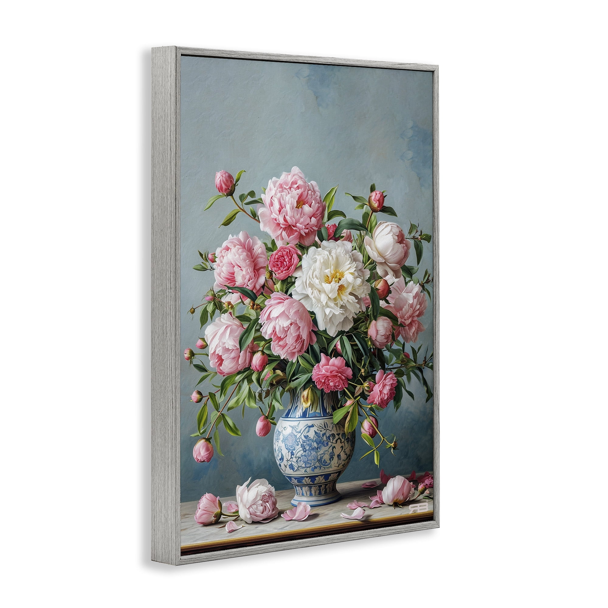 Stupell Industries Full Peonies Vase Botanical & Floral Painting Gray Framed Art Print Wall Art, 20 x 30