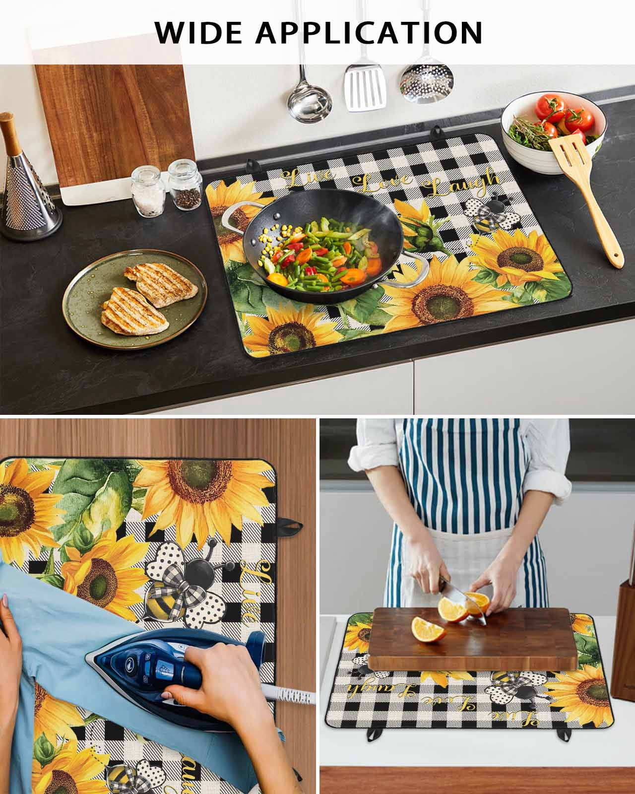 nqOlkjepod Large Induction Cooktop Protector Mat 24"x21", Sunflower Bee Stove Top Covers for Electric Stove, Black Buffalo Plaid Botanical Leaf Floral Stove Burner Cover Mats, Glass Top Stove Cover