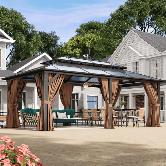 Aoxun 12'x20' Hardtop Gazebo, Aluminum Frame Permanent Pavilion with Curtains and Netting, Outdoor Polycarbonate Double Roof Canopy, Designed for Garden, Lawns, Patio