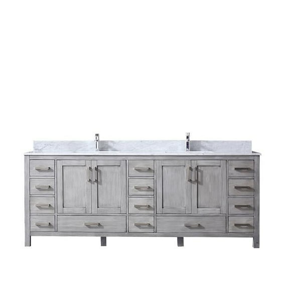 84 in. Jacques Double Vanity with White Carrera Marble Top, White Square Sinks & No Mirror - Distressed Grey