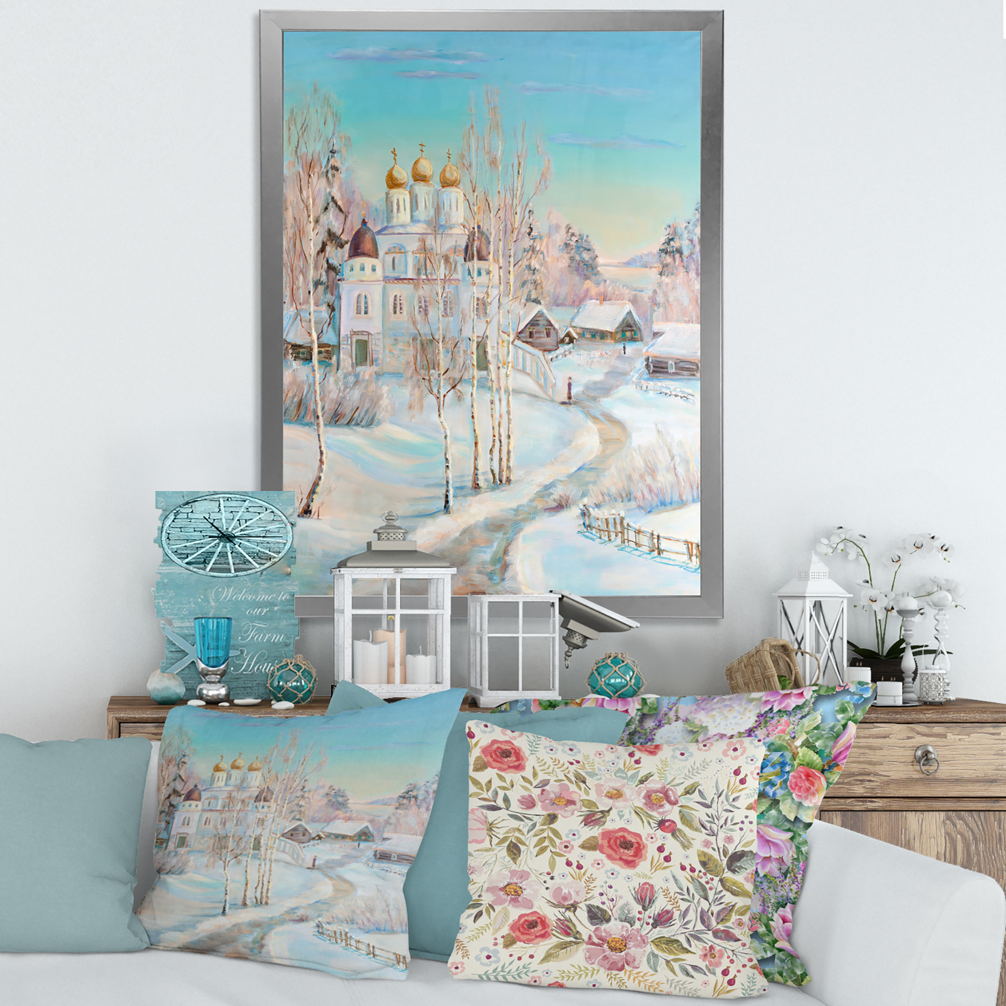 Designart 'Temple Over Country Road In Winter Landscape' Traditional Framed Art Print