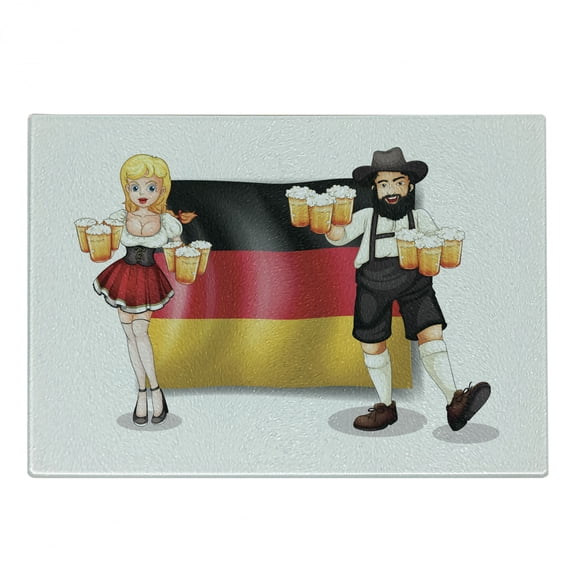 German Cutting Board, Country Flag Man and Woman in Traditional Clothes European Culture Illustration, Decorative Tempered Glass Cutting and Serving Board, Small Size, Multicolor, by Ambesonne