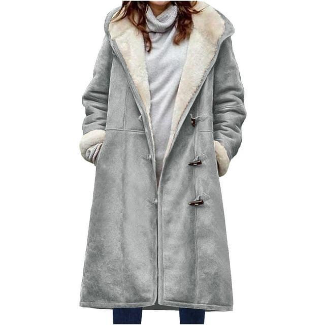 LOVZFMLL Jackets for Women Winter Warm Composite Button Hooded Jacket Outwear Solid Color Coat