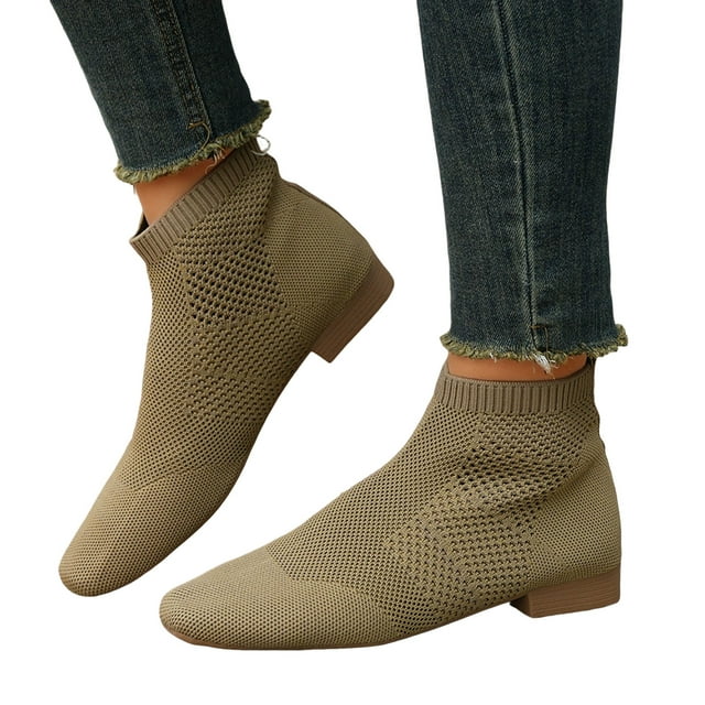 Womens Slip on Socks Short Boots Stretchy Knitted Square Toe Low Heel Ankle Booties Winter Fall Shoes