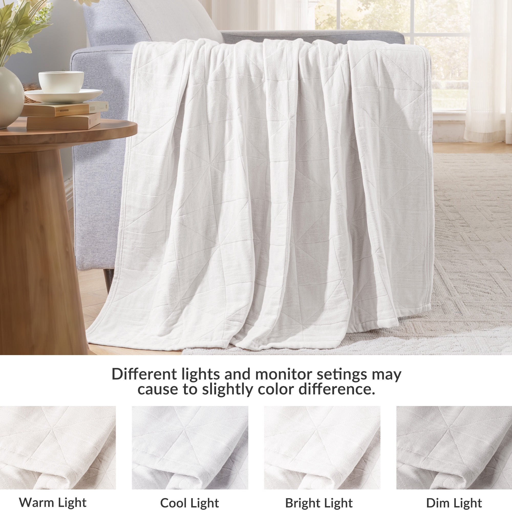 Exclusivo Mezcla 100% Cotton 4 Layers Muslin Throw Blanket for Couch, Moisture-wicking and Breathable Gauze Blanket with Geometric Pattern for Year Round Comfort, 50"x60", Pure White